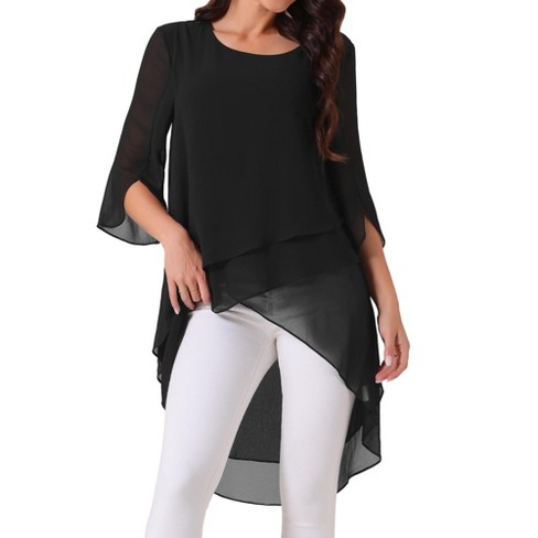 Camicetta Donna In Chiffon Con Maniche A 3/4 E Orlo Asimmetrico - Top Casual Estivo, Elegante E Traspirante