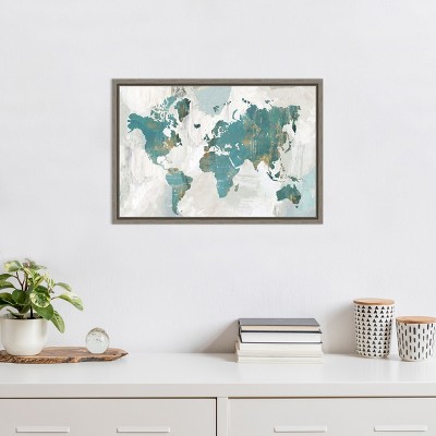 Teal and Gray Framed World Map Canvas Print