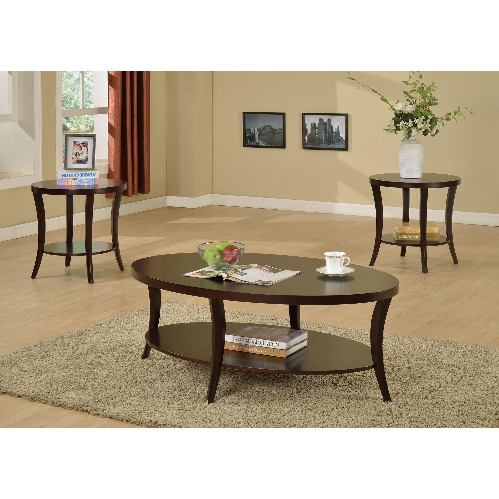 Roundhill Furniture Perth Contemporary 3-Piece Oval Coffee Table with End Tables Set, Espresso