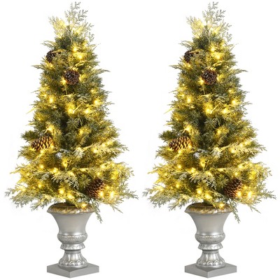 Costway Set of 2 Pre-lit Snowy Christmas Entrance Tree 4ft w/ 100 LED Lights