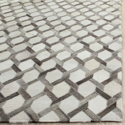 Ivory and Gray Hand-Knotted Geometric Cowhide Area Rug