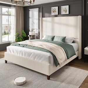 AMERLIFE Size 62" Corduroy Upholstered Bed Frame Extra Tall Wingback Headboard - 1 of 4