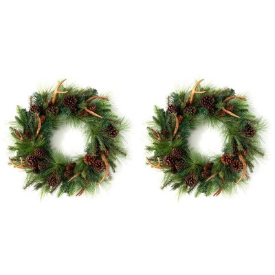 Sullivans Set of 2 Artificial Pine and Antler Wreath 28"H Green