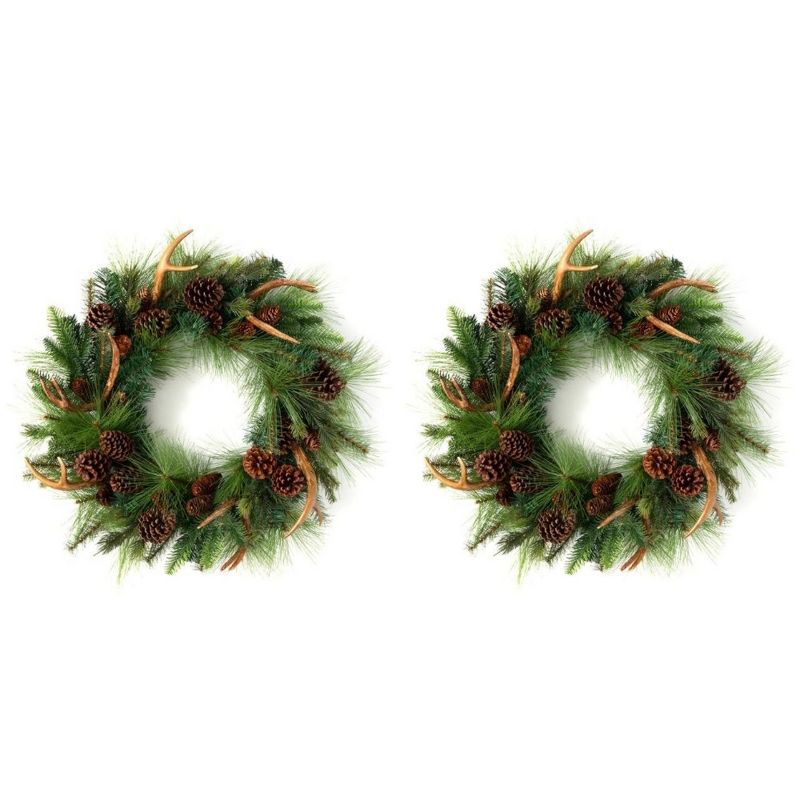 Sullivans Set of 2 Artificial Pine and Antler Wreath 28"H Green, 1 of 6