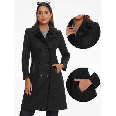 Allegra K Women's Winter Faux Fur Collar Double Breasted Long Warm Coats X-Large Black — фото 2