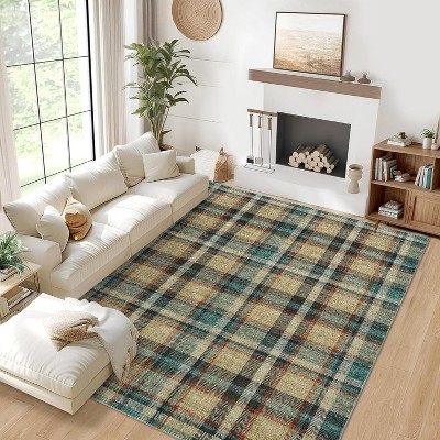 Washable Non-Slip Runner Rug - Plaid Hallway, Kitchen, Entryway Mat - Stain Resistant Farmhouse Carpet