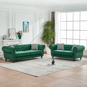 3+2 Seater Chesterfield Velvet Upholstery Sofa with Roll Armrest & Nailhead, Mid Century Modern Upholstered Couch for Living Room, Office, Apartment - 1 of 4