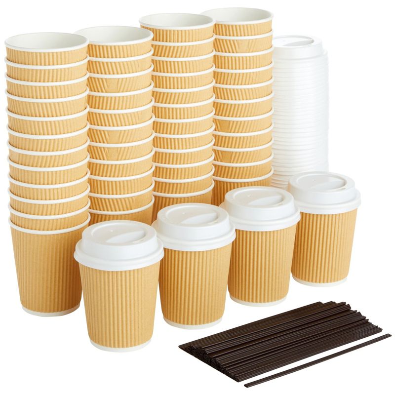 Juvale 50 Pack Disposable Small Coffee Cups 8 oz, Kraft Paper Insulated, Ripple, Coffee Cups To Go with Lids and Stirring Straws (150 Total Pcs), 1 of 10