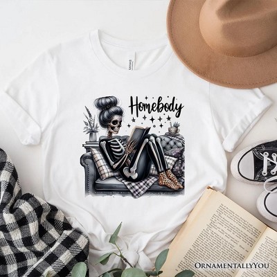 Homebody Reading Skeleton T-Shirt, Funny Lazy Selfcare Tee for Introvert Women White L