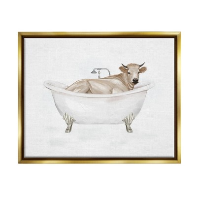 Stupell Industries Farm Cow Bathing Tub Animal Framed Floater Canvas Wall Art