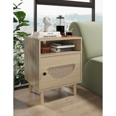 Rattan End Table with Rattan Decor Door, Charging Station Small End Table Shelf and Drawer Wooden Bedside Table, for Bedroom, Living Room