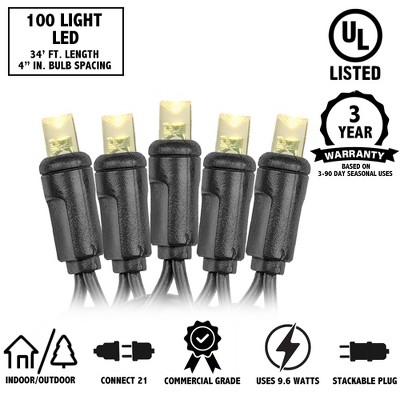 Warm White LED Christmas Tree Lights with Black Wire, 34 Feet