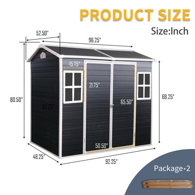 8x4 FT Black Resin Outdoor Storage Shed with Windows