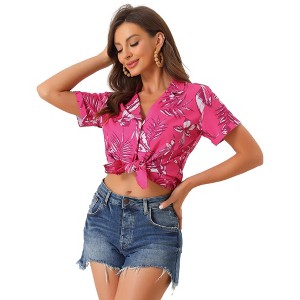 Allegra K Women's Hawaiian Floral Leaves Printed Short Sleeve Button Down Vintage Shirt - 1 of 4