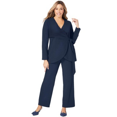 Roaman's Women's Plus Size Petite Three-Piece Lace Duster & Pant Suit