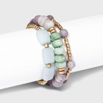 Semi-Precious Lepidolite, Jade Green and Moss Agate Stones Stretch Bracelet Set 3pc- Universal Thread™ Green