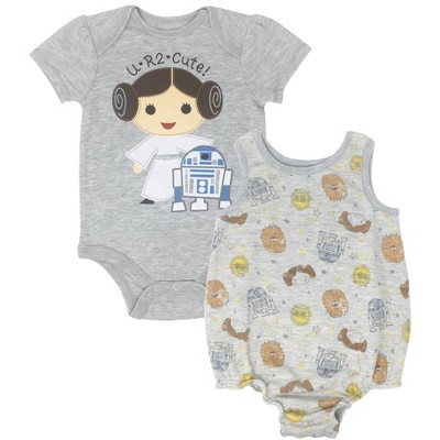 Image of Star Wars C-3PO Princess Leia Chewbacca R2 D2 Infant Baby Girls Bodysuit and Romper Grey 18 Months