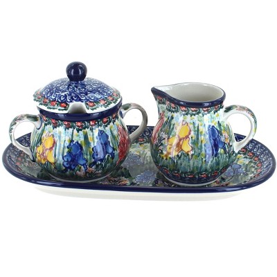 Blue Rose Polish Pottery Gladiolus Small Sugar & Creamer Set with Tray