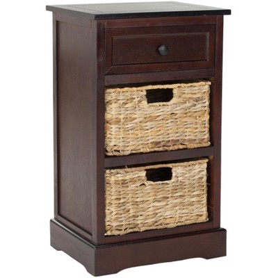 Dark Cherry Pine Side Table with Wicker Baskets