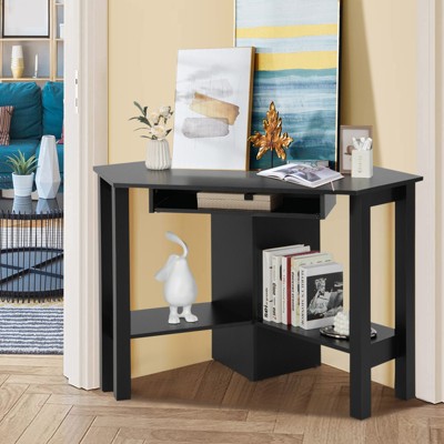 Black Wooden Corner Desk with Drawer and Keyboard Tray