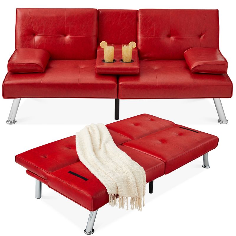 Red Faux Leather Convertible Sleeper Sofa with Cup Holders