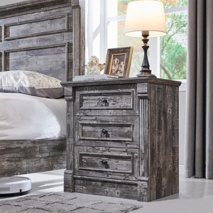SinCiDo Farmhouse Nightstand w/ Charging Station 26" T Nightstand,23.6" W Roman Column Design,3 Drawer Storage Dresser w/ Metal Handles - 1 of 4
