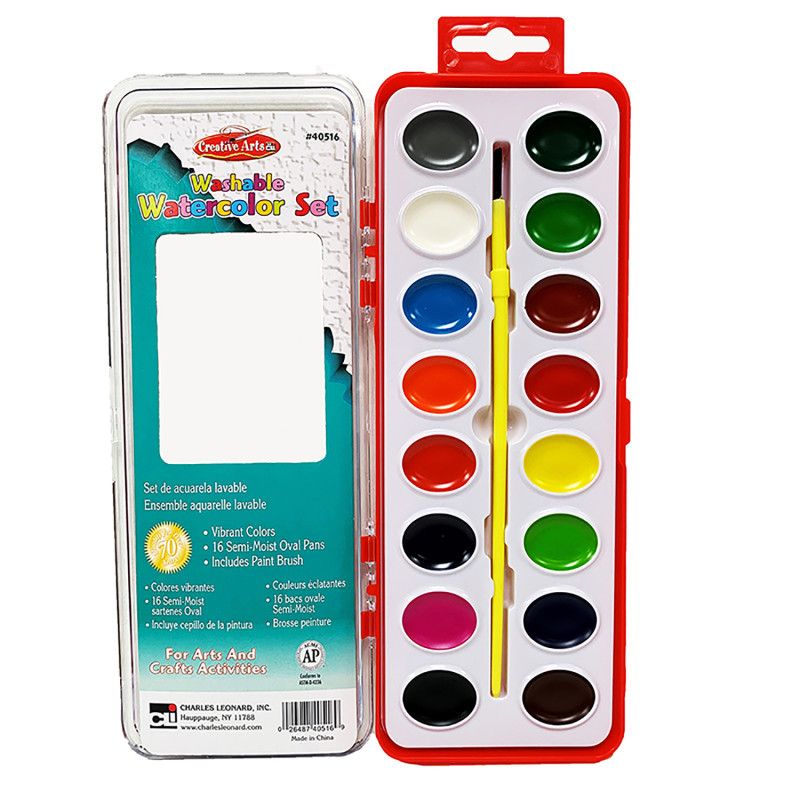 Charles Leonard Washable Water Color Set, Oval Pan w/Brush, 16 Assorted Colors, 1 Set, 1 of 2