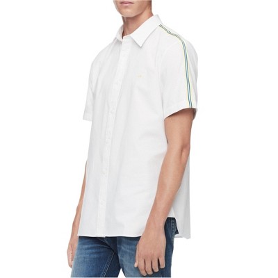 Calvin Klein Mens Racing Stripes Button Up Shirt, White, XX-Large