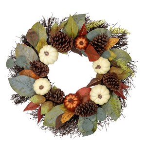 Northlight Pumpkin, Pinecone, and Gourd Artificial Fall Harvest Wreath, 24-Inch, Unlit - 1 of 3