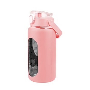 NewHome "34oz Motivational Glass Water Bottle with Time Markers, Straw, Silicone Sleeve & Handle for Gym" Pink - 1 of 4