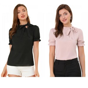 Allegra K Women's Elegant Bow Tie Neck Elastic Cuffs Office Short Sleeve Blouse 2 Pcs - 1 of 4