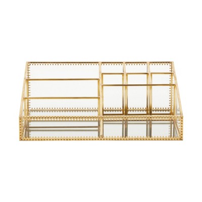 Gold Trim Glass Makeup Organizer with 10 Compartments