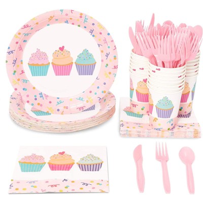 Juvale 24 Set Party Dinnerware with Plates Knife Spoon Fork Cups Napkins, Pink Cupcakes