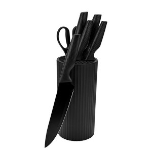 Attop 7-Piece German Stainless Steel Knife Set with Universal Block - Non-Stick Black Coating (Matte Black) - 1 of 4