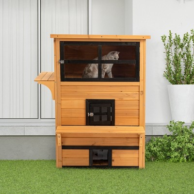 Yellow and Black Wooden 3-Story Outdoor Cat House with Raised Floor
