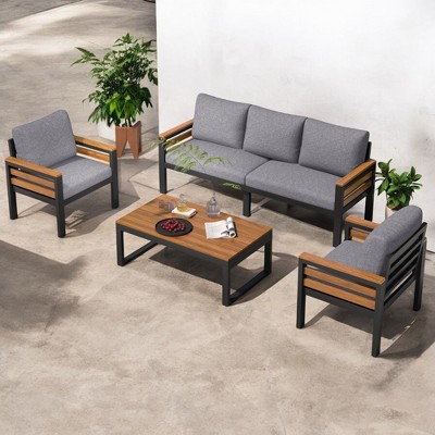Mshliw 4-Piece Outdoor Sofa Set with Acacia Wood Armrests – Patio Conversation Set with Cushions and Coffee Table for Garden and Backyard