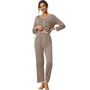cheibear Women's Long Sleeve Pullover Top with Pants Sleepwear Pajama Sets - 1 of 4