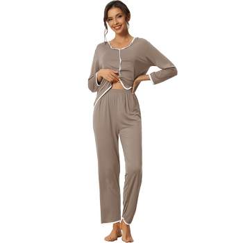 Unique Bargains Womens 3 Pcs Sleepwear Soft Solid Color Long Sleeve Tops  Cami and Pants Pajama Set