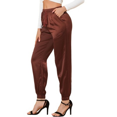 Allegra K Women's Drawstring Elastic Waist Ankle Length Satin Joggers With  Pocket Brown Small : Target