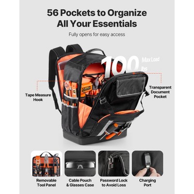 VEVOR Tool Backpack, 56 Pockets, Heavy-duty Tools Storage Organizer Bags with Molded Base, Electrician Jobsite Backpack, Black+Gray — фото 3
