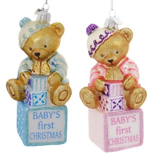 Kurt Adler Noble Gems Glass Ornaments for Christmas Tree, "Baby's First Christmas" Baby Bears on Blocks, Assorted (Pack of 2) - 1 of 4