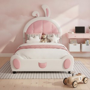 Polibi Twin Size Upholstered Platform Bed with Rabbit Shaped