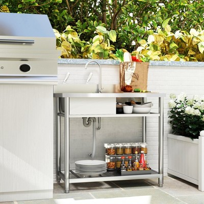 JUJABU Outdoor Utility Free Standing Stainless Steel Sink with Cold and Hot Water Pipe and Storage Shelf, 39 Inch