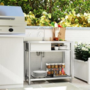 JUJABU Outdoor Utility Free Standing Stainless Steel Sink with Cold and Hot Water Pipe and Storage Shelf, 39 Inch - 1 of 4