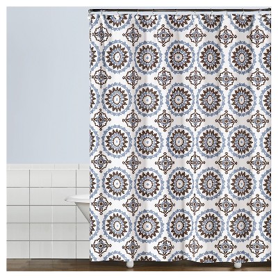 Suzette Geometric Fabric Shower Curtain Blue - Saturday Knight Ltd.: 100% Cotton, Machine Washable, Buttonhole Top