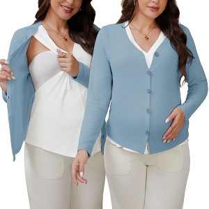 INSPIRE CHIC Women's Maternity Button Down Shirts Pregnancy Clothes Long Sleeve V Neck Faux 2-Pcs Nursing Tops - 1 of 4