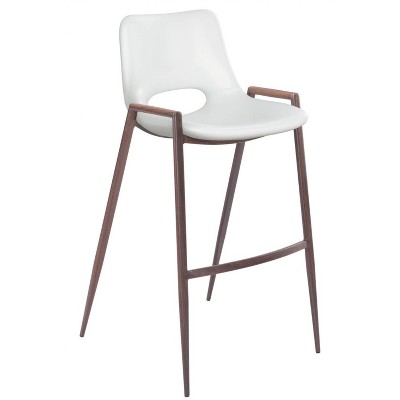 Faux Leather White Seat Barstool, 39"H Steel Frame with Walnut Finish, Set of 2 By Zuo Modern
