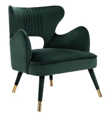 Transitional Forest Green Velvet Wingback Accent Chair with Gold Accents