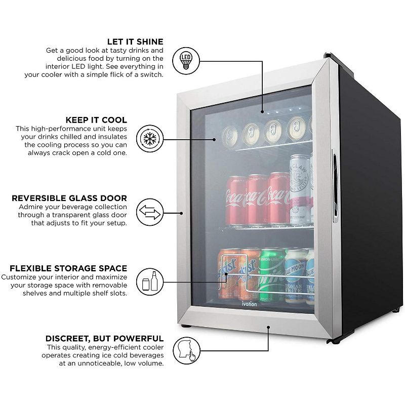 Ivation 62 Can Beverage Refrigerator | Freestanding Ultra Cool Mini Fridge |Reversible Glass Door & Adjustable Shelving - Stainless Steel, 5 of 7