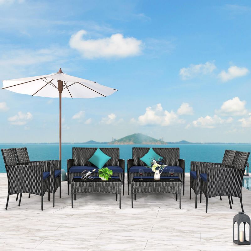 Costway 8PCS Patio Rattan Furniture Set Cushioned Sofa Coffee Table Backyard Turquoise/Red/Grey/White/Navy, 1 of 10